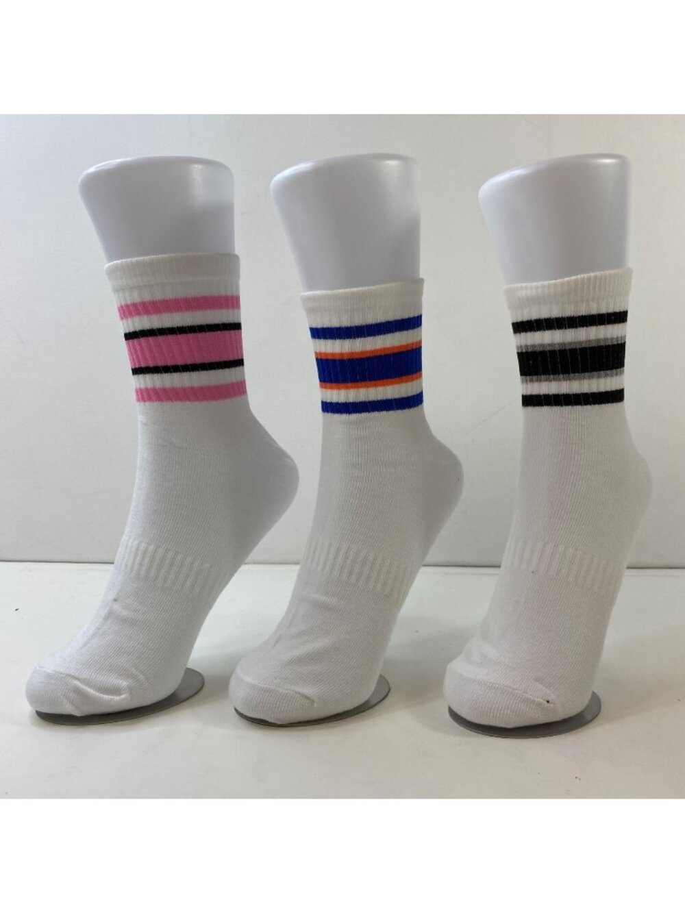 Womens Crew Socks Set 3 Stripes White Pink Blue Black Gray Orange